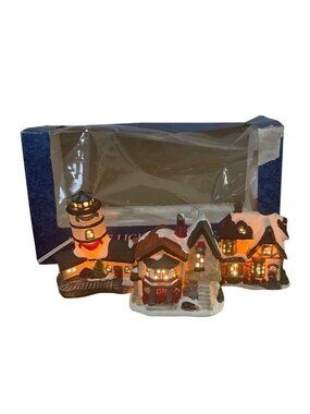 Vtg Holiday Traditions 3 Pc Lighted Christmas Village Set Hand Painted Porcelain
